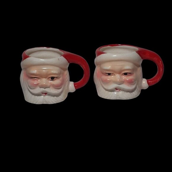 Vintage Mini Santa Christmas Mugs Winking and Non-Winking Ceramic Set 2 oz 2.5" - Picture 2 of 11